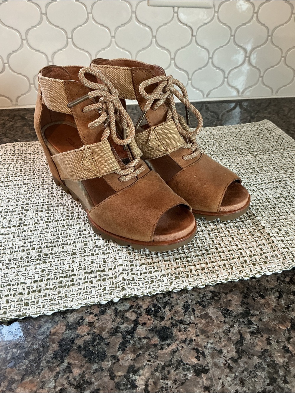 Sorel Tan Lace-Up Wedge Sandals